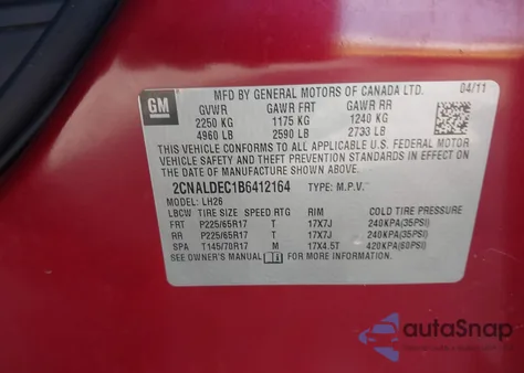 2011 Chevrolet Equinox 1Lt from USA, damaged, VIN 2CNALDEC1B6412164